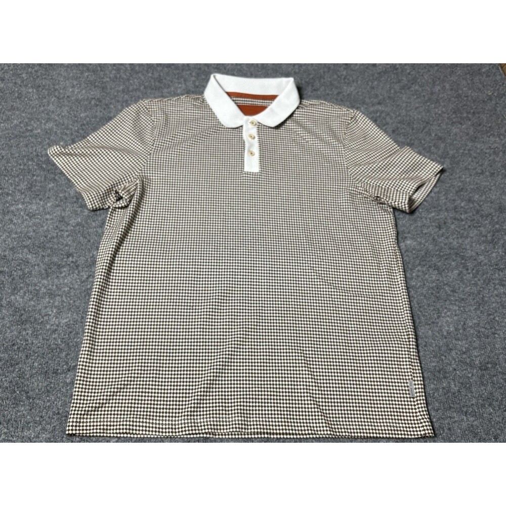 Ted Baker Polo Shirt Mens L Brown White Check Stretch Knit Short Sleeve Casual